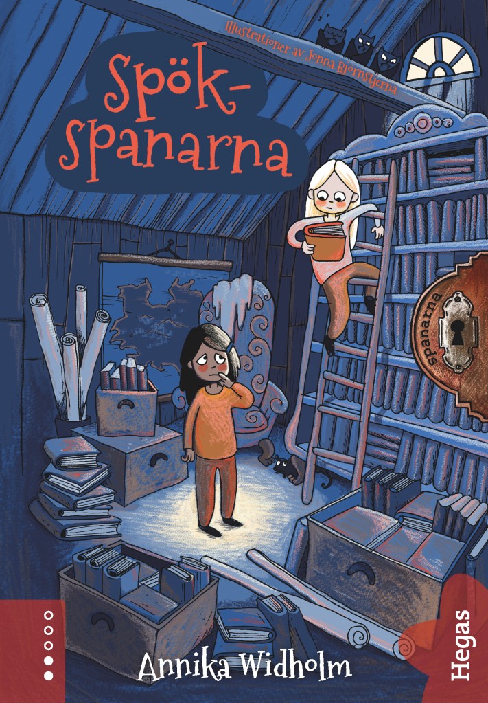 Blått bokomslag två flickor på biblioteket Spökspanarna barnbok författare Annika Widholm illustratör Jonna Björnstjerna