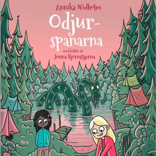 Odjurspanarna rosa och grönt bokomslag sjöodjur i sjö barnbok författare Annika Widholm illustratör Jonna Björnstjerna